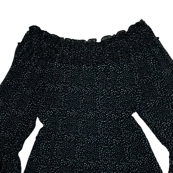 CECE NWT Black/White Dot Print Long Ruffle Sleeve Off Shoulder Chiffon Blouse L - Picture 4 of 13